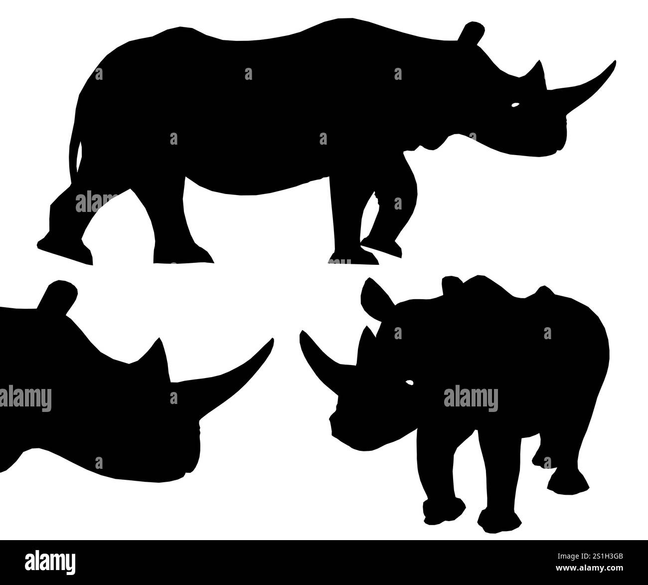 Trois rhinocéros sont représentés en silhouette, l'un d'eux regardant la caméra. La scène est calme et paisible, car les rhinocéros sont représentés dans un décor naturel Illustration de Vecteur