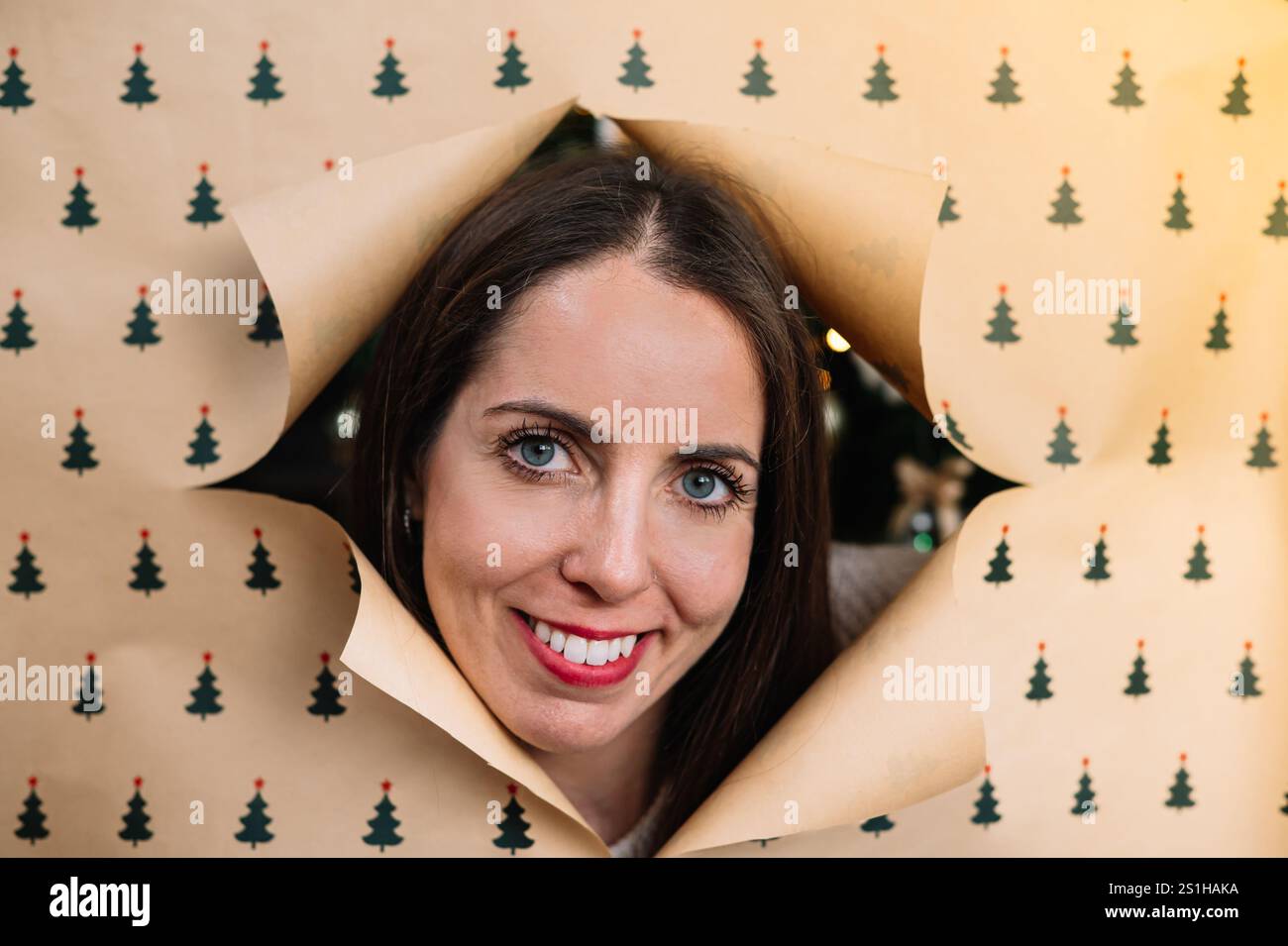 Une femme sourit et regarde hors d'une boîte en papier avec des arbres de Noël dessus. La boîte est ouverte, et la femme jette un coup d'œil par derrière Banque D'Images