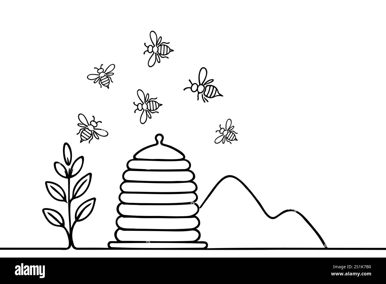 Mignonnes abeilles volant près de ruche et fleur ligne de printemps dessinée. Illustration de Vecteur