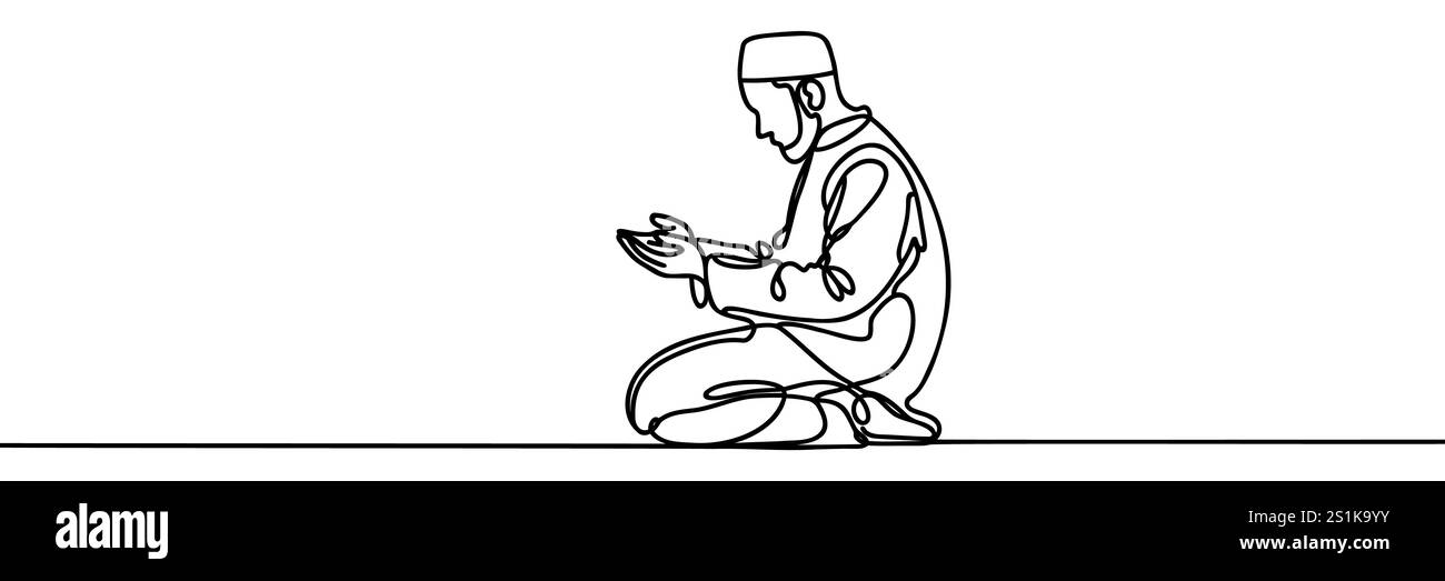 Continu une ligne dessinant un homme musulman priant à Dieu . Hajj et umrah concept. Illustration graphique vectorielle de dessin de ligne unique Illustration de Vecteur