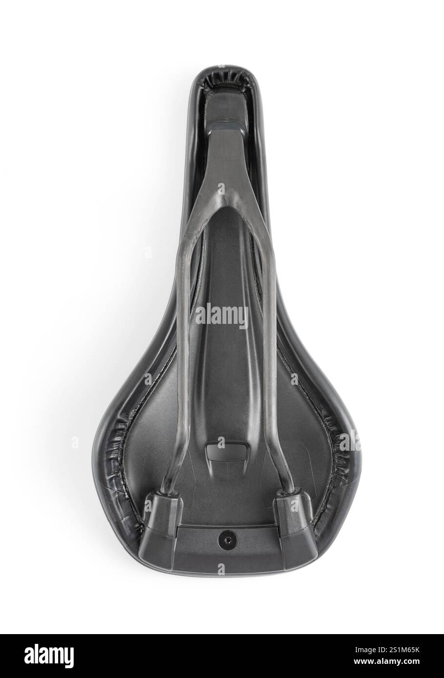 Selle de vélo, selle de sport avec trou anatomique sur fond blanc. Vue de dessous. Banque D'Images