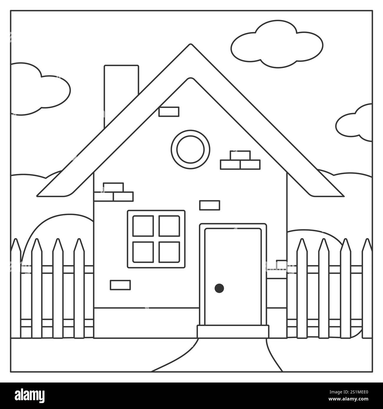Un dessin noir et blanc d'une maison avec une clôture et des nuages Illustration de Vecteur