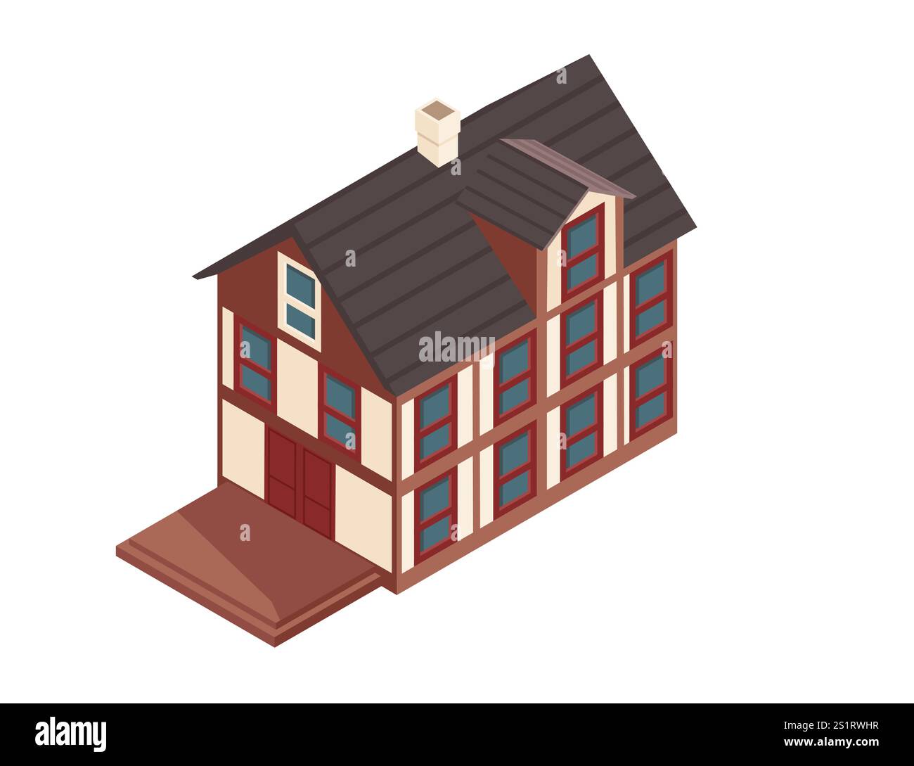 Maison de banlieue isométrique avec toit à pignon noir, cheminée. Parfait pour les concepts résidentiels, les annonces immobilières. Illustration vectorielle isolée sur bac blanc Illustration de Vecteur