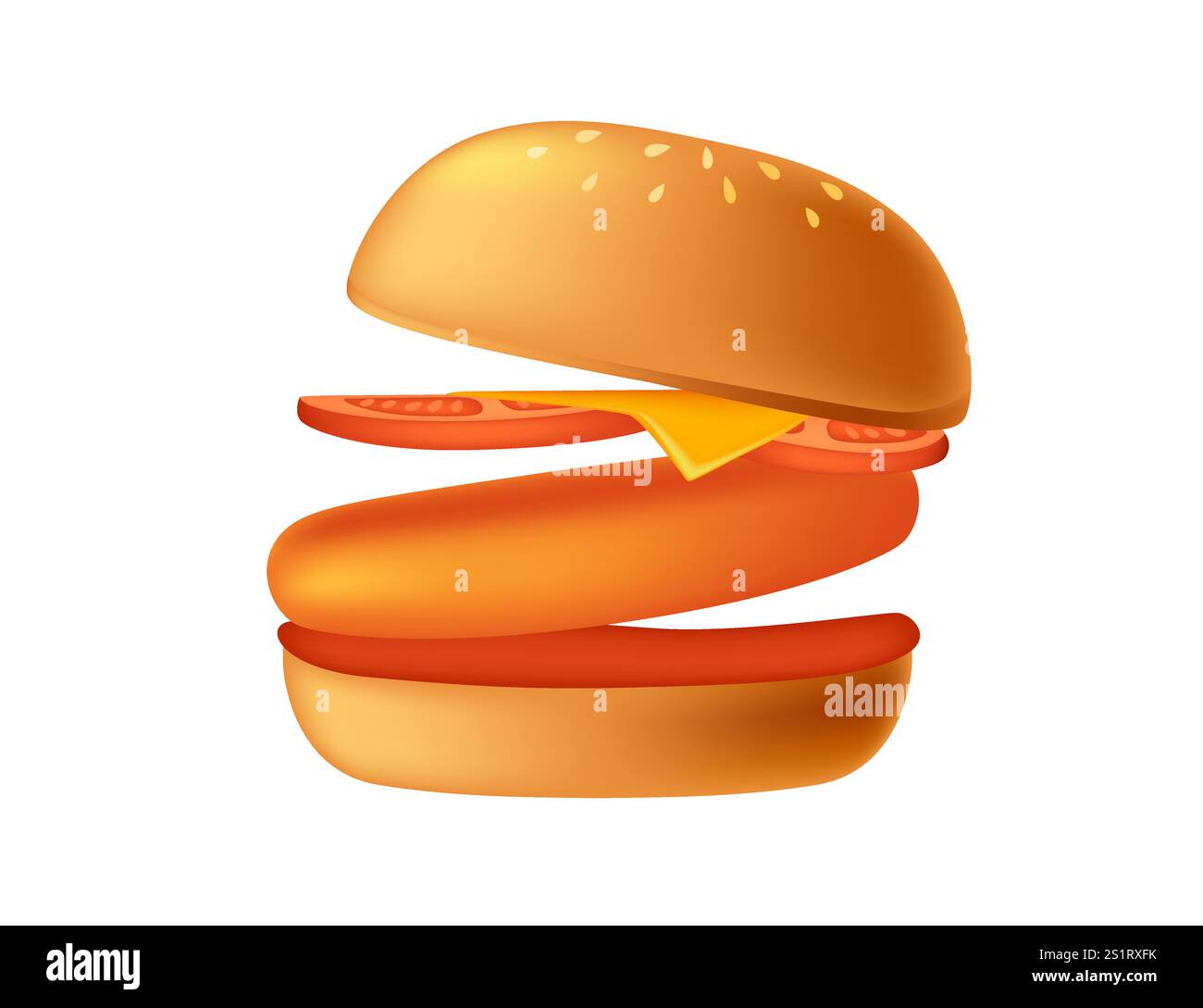Hamburger de style 3d de dessin animé avec patty de viande, tomate, fromage et laitue. Pain sucré et savoureux. Dîner fast-food. Illustration vectorielle isolée sur fond blanc Illustration de Vecteur