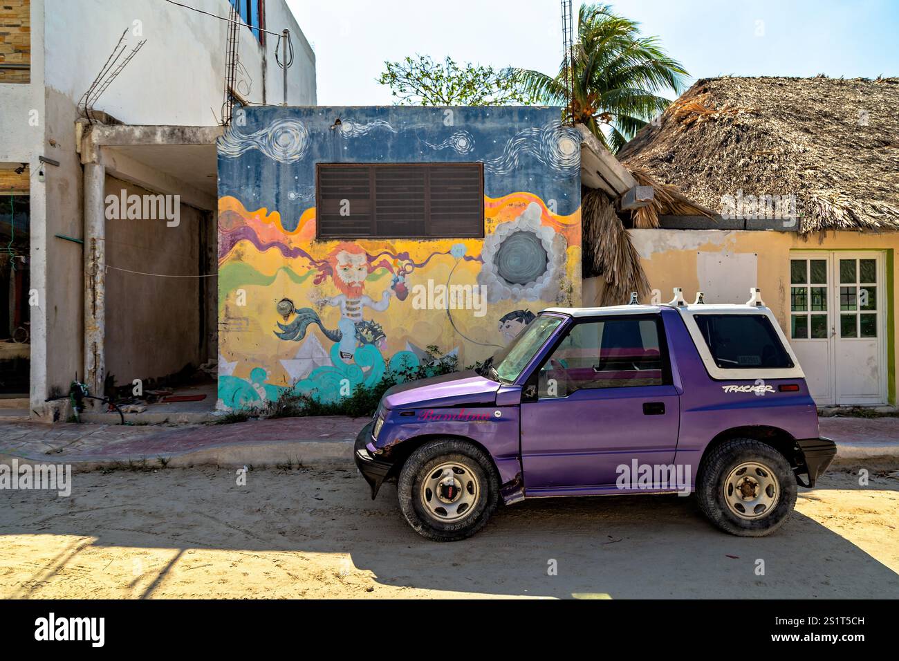 Murale vibrante avec voiture pourpre garée et cadre tropical rustique, Isla Holbox, Mexique Banque D'Images