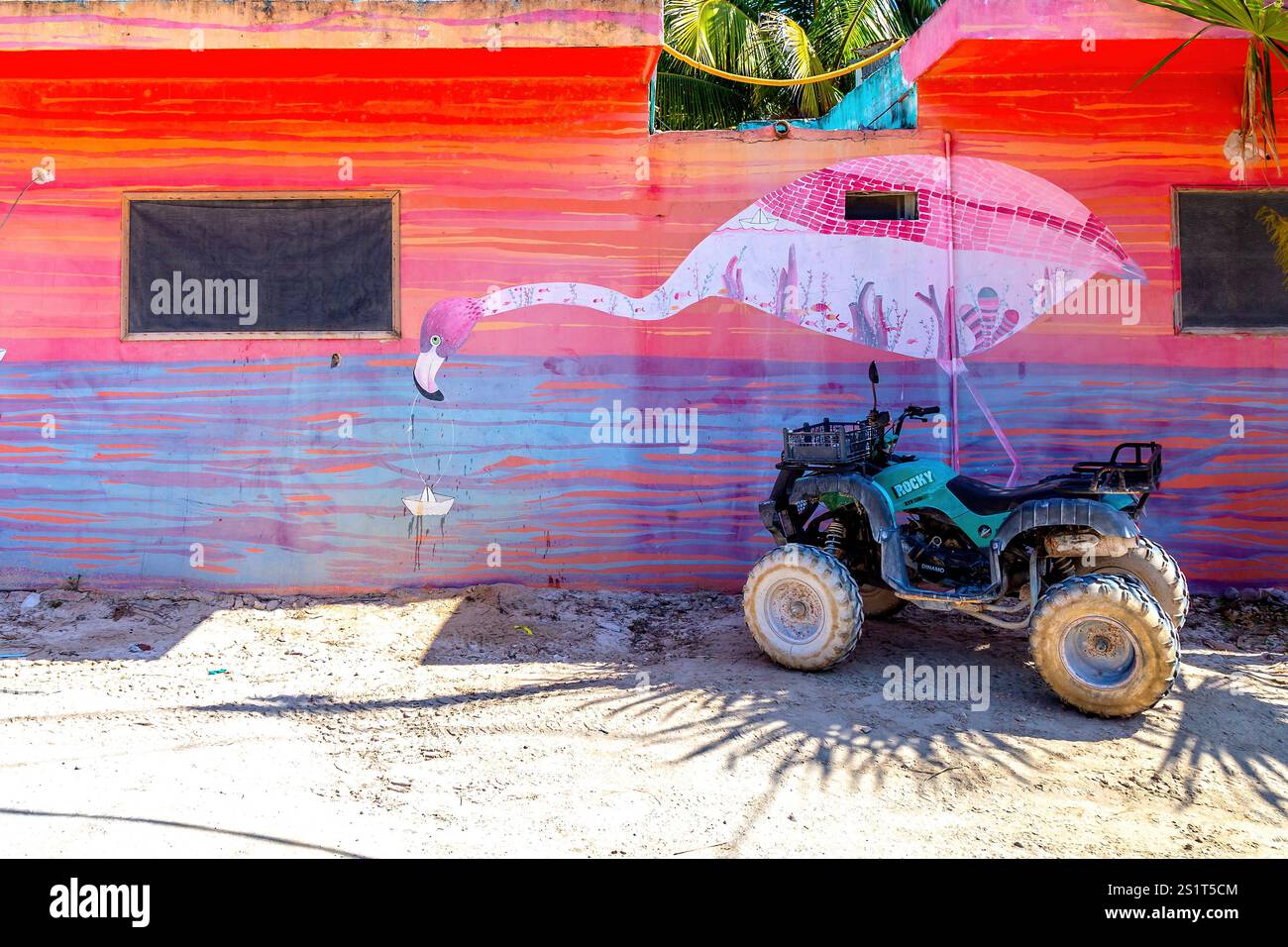 Murale colorée de Flamingo avec véhicule hors route stationné dans un cadre ensoleillé, Isla Holbox, Mexique Banque D'Images