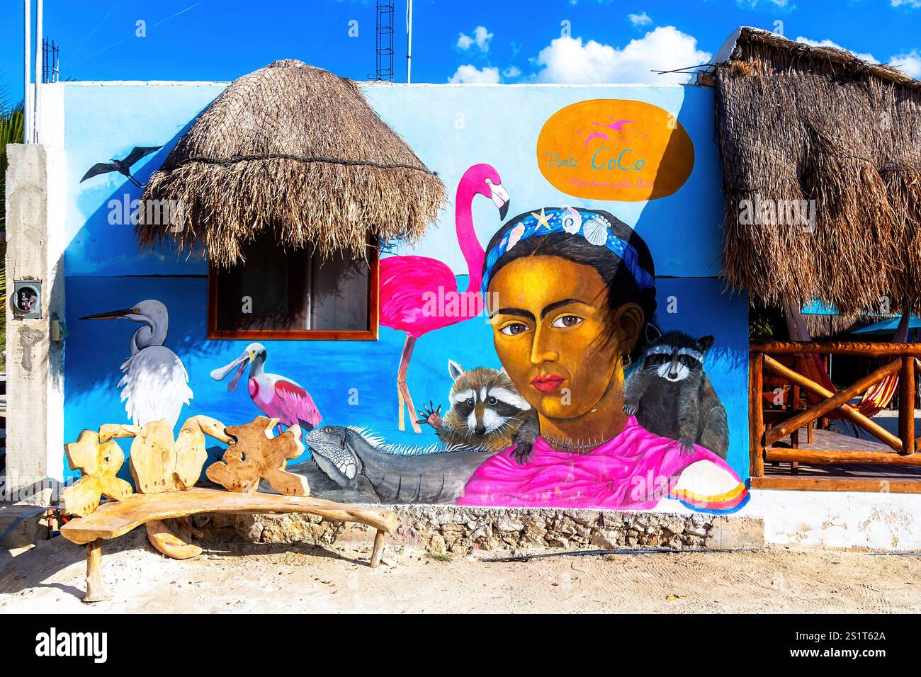 Murale de rue colorée avec des animaux vibrants et des portraits dans un cadre tropical, Isla Holbox, Mexique Banque D'Images