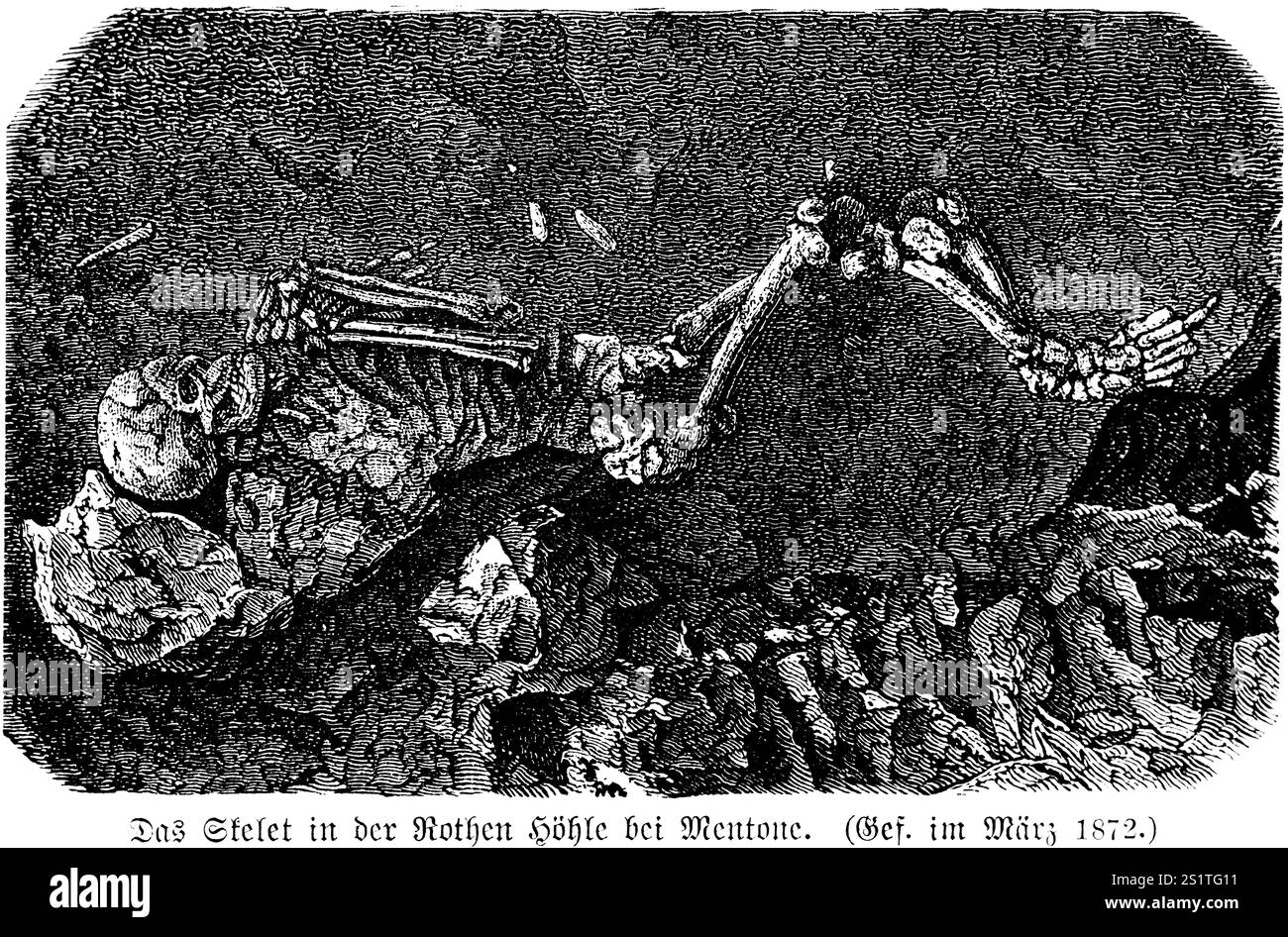 Squelette complet, couché dans la grotte rouge près de Menton sur la Méditerranée, trouvé en 1872, bras pliés, tombe avec des biens funéraires, hache de bataille, poignard, elle Banque D'Images