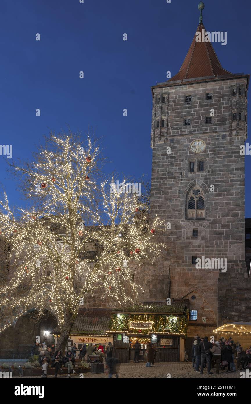 Arbre de lumières avec le Tiergaertnertor dans la soirée pendant la saison de Noël, Tiergaertnertorplatz, Nuremberg, moyenne Franconie, Bavière, allemand Banque D'Images