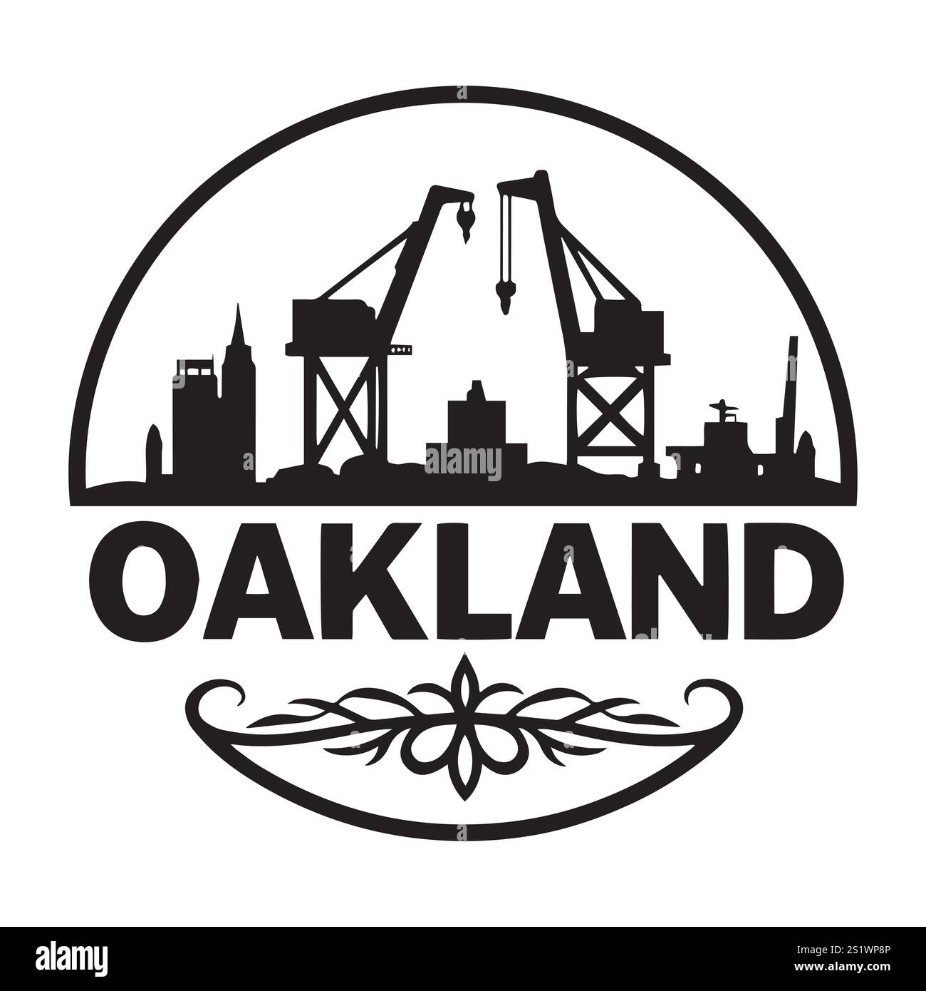 Grues du port d'Oakland avec Oakland Skyline Illustration de Vecteur