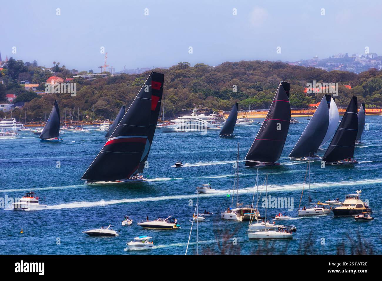 Départ de la régate Sydney Hobart Yacht race sur Sydney Hobart avec des super maxi yachts en tête. Banque D'Images