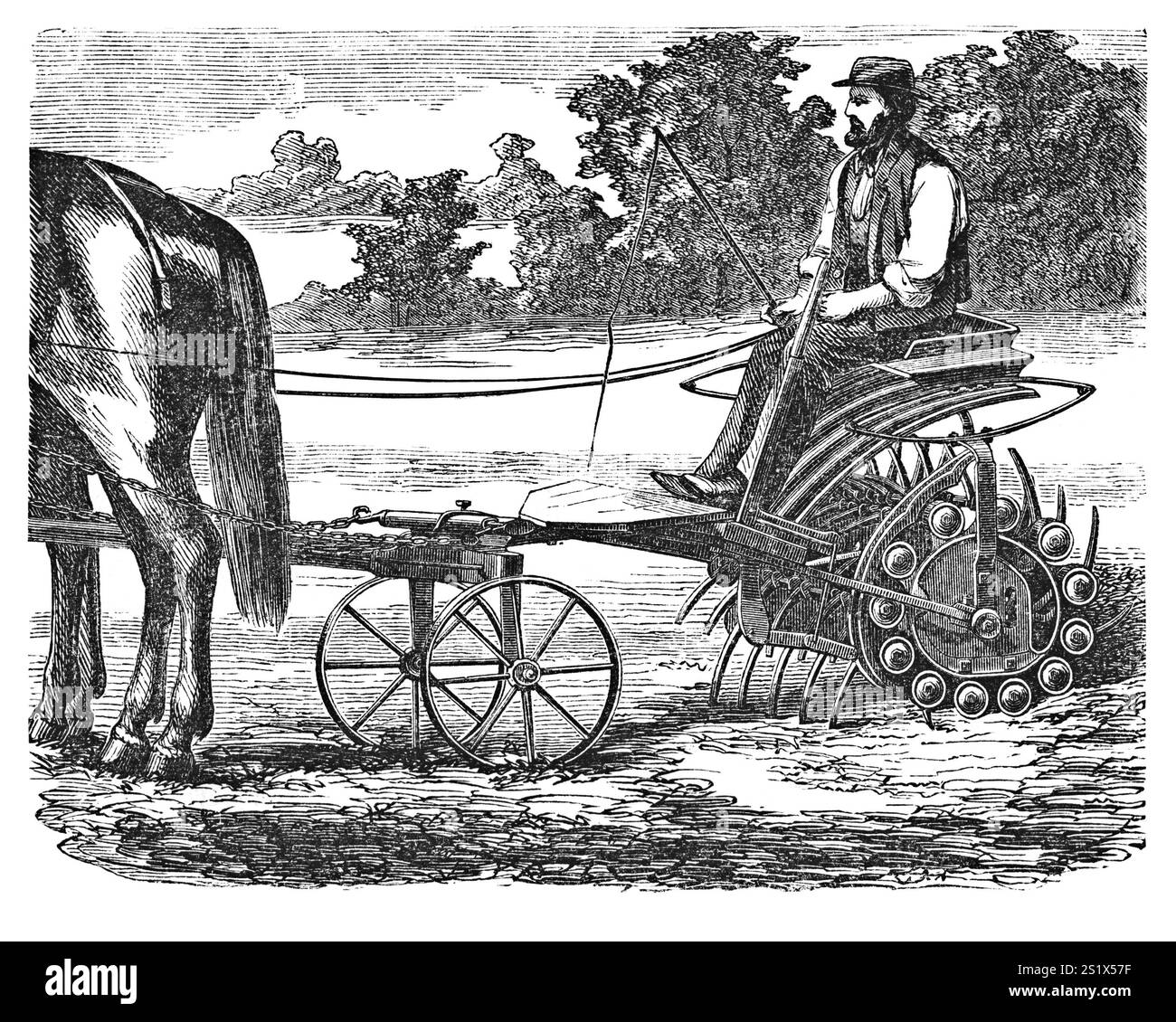 RUSSIE - VERS 1870 : gravure tirée d'un livre de 'machines et outils agricoles' par K.O.Bergshtresser. Montre l'agriculteur avec la faucheuse. St. Banque D'Images