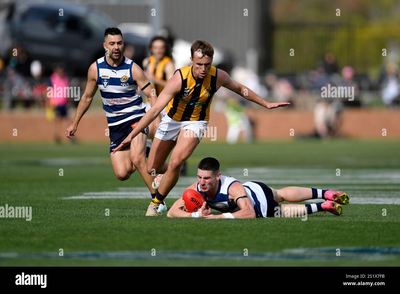 LAVINGTON, NOUVELLE-GALLES DU SUD, AUSTRALIE. 22 SEPTEMBRE 2024. Yarrawoga prend la marque et un coup de fouet alors que Wangaratta se rapproche pour un tacle lors de la Grande finale 2024 Banque D'Images