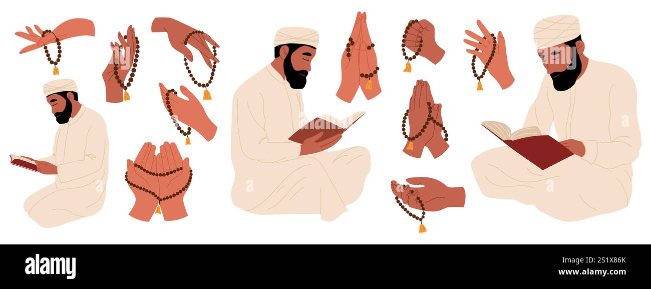 Ensemble d'hommes musulmans priant et les mains avec des perles de chapelet. Célébration du Ramadan. Fête islamique traditionnelle. Illustration de Vecteur