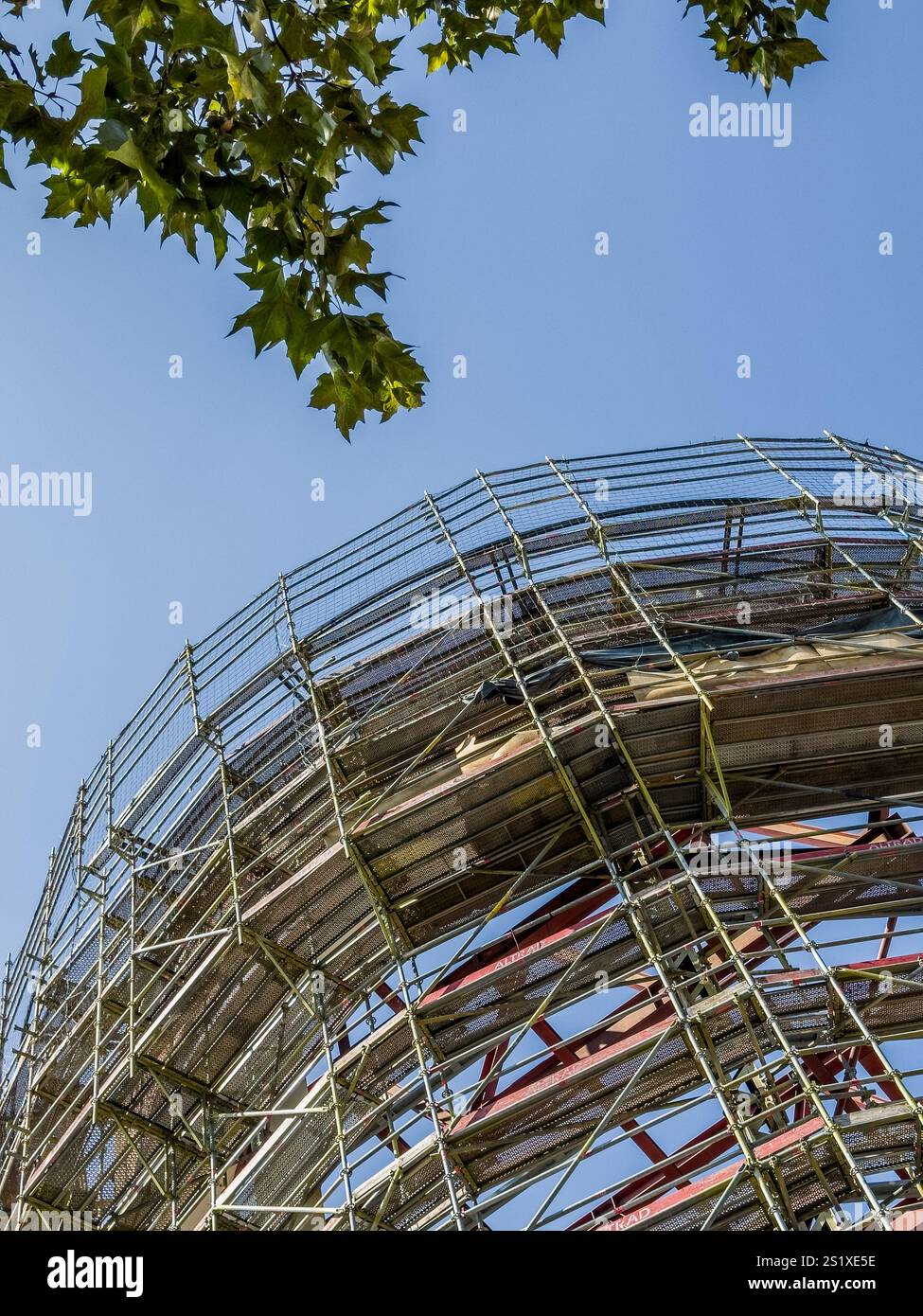 Échafaudage métallique entourant un bâtiment rond sous un ciel bleu avec des branches d'arbres dans le coin Banque D'Images