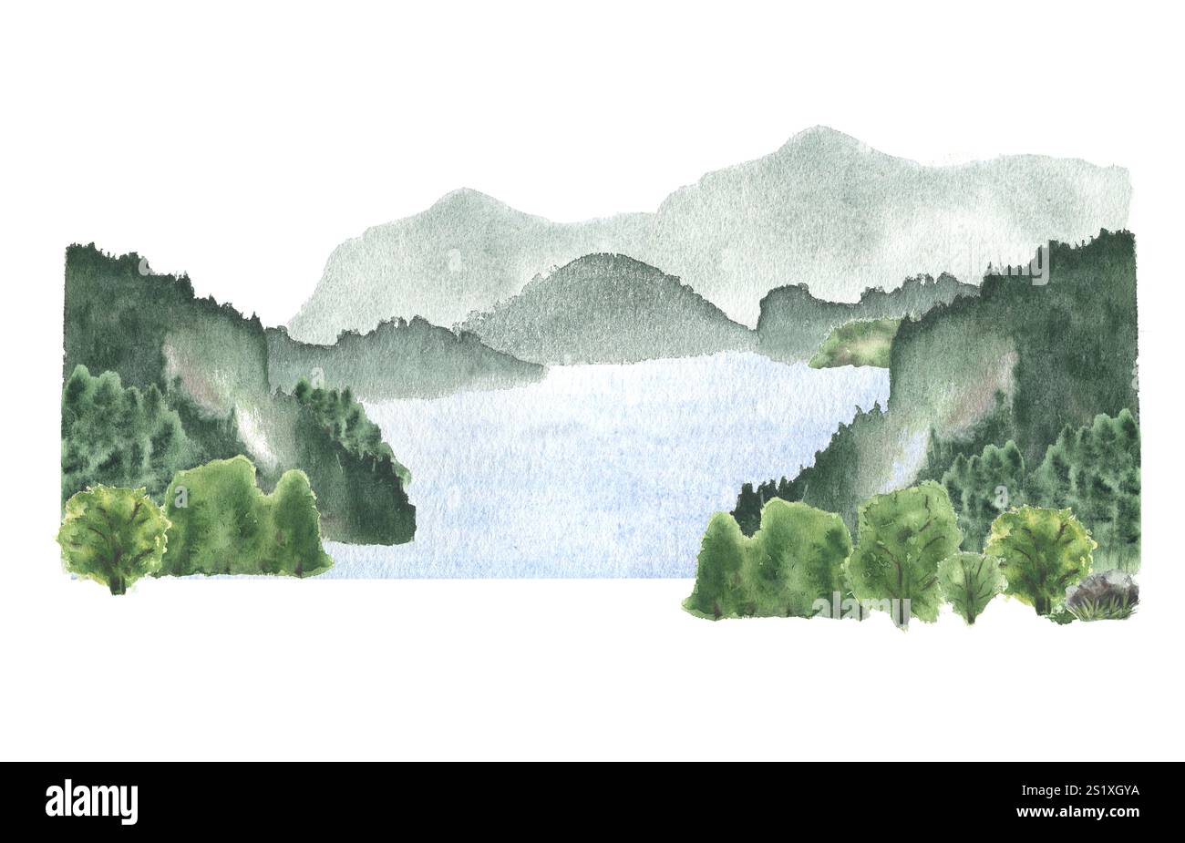 Paysage aquarelle de lac serein entouré de forêts verdoyantes et de montagnes brumeuses dessinées à la main. Surface de l'eau et paysage boisé isolé sur Banque D'Images