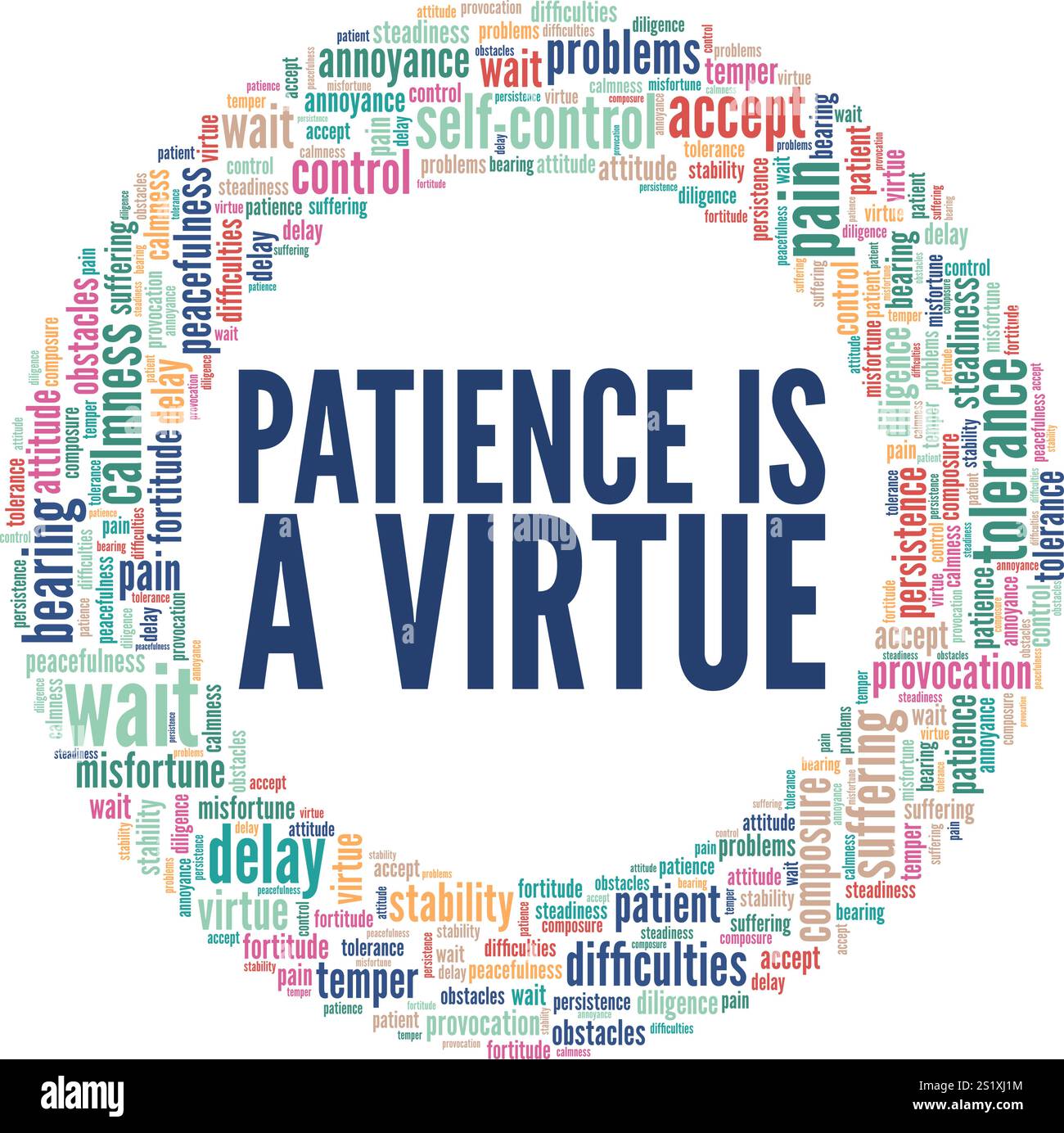 Patience est une conception conceptuelle de nuage de mots de vertu isolée sur fond blanc. Illustration de Vecteur