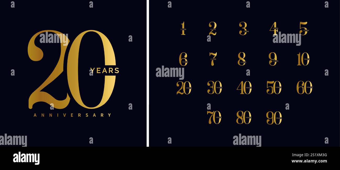 Numéros d'anniversaire d'or fixés sur un fond sombre. Typographie élégante pour les célébrations marquantes, les événements d'entreprise ou le branding. Vecteur luxueux Illustration de Vecteur