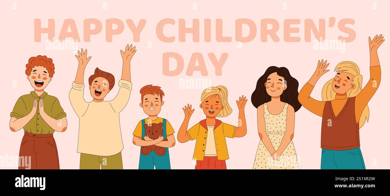 Bonne Journée des enfants, avec des enfants de différents âges se réjouissant tous ensemble Illustration de Vecteur