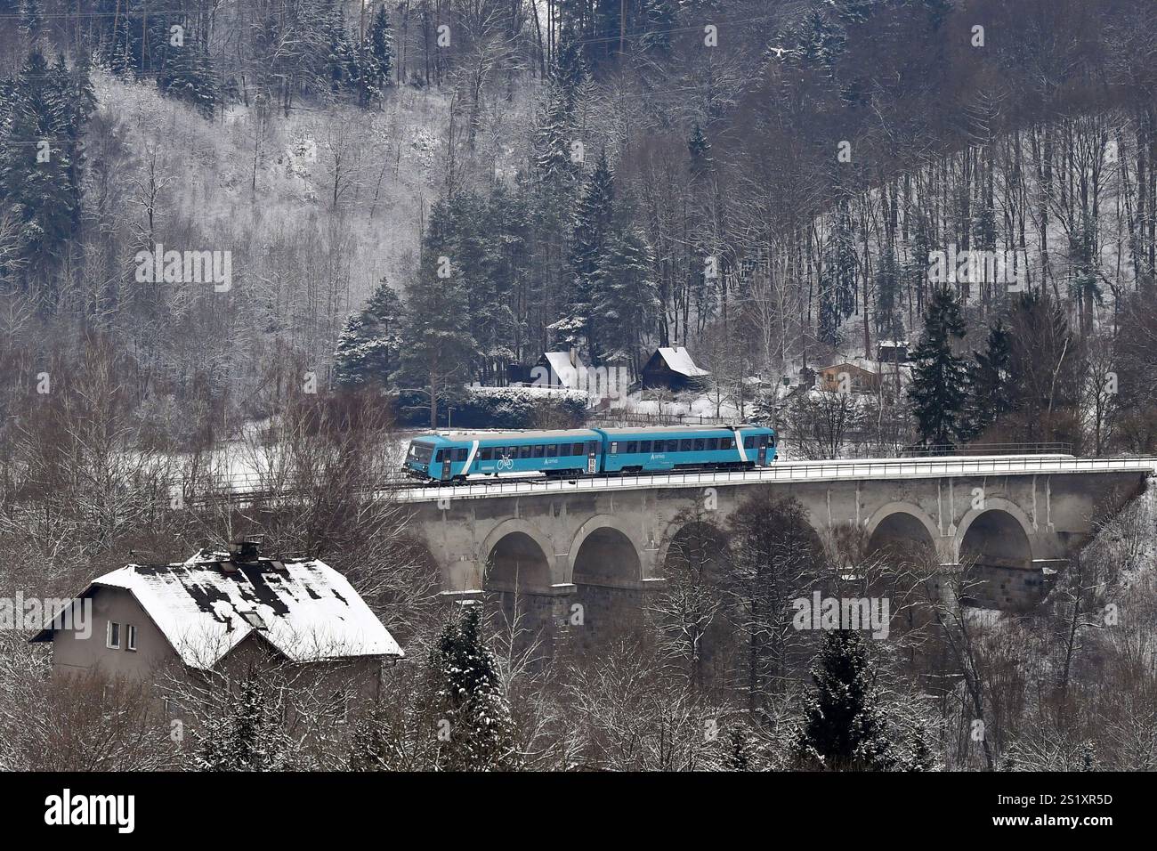 Sychrov, République tchèque. 5 janvier 2025. Un train traverse le viaduc de Sychrov en Bohême du Nord après que la neige est tombée ce week-end en République tchèque. La photo montre un train exploité par arriva Company. Arriva Company est une multinationale britannique de transport public dont le siège social se trouve en Angleterre et qui appartient à Deutsche Bahn. (Crédit image : © Slavek Ruta/ZUMA Press Wire) USAGE ÉDITORIAL SEULEMENT! Non destiné à UN USAGE commercial ! Crédit : ZUMA Press, Inc/Alamy Live News Banque D'Images