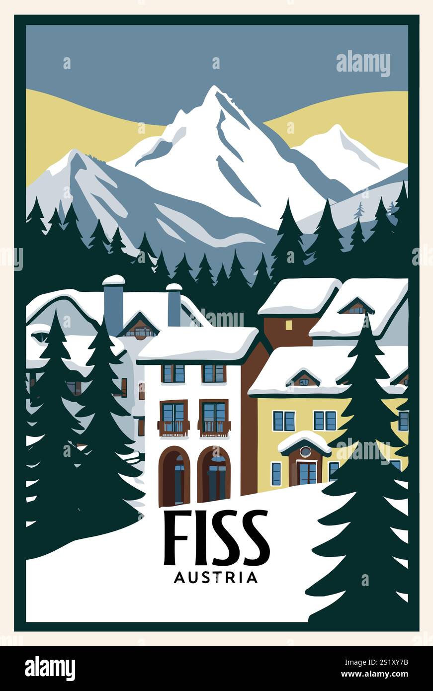 Fiss, Autriche affiche de voyage de ski dans un style rétro. Illustration de Vecteur