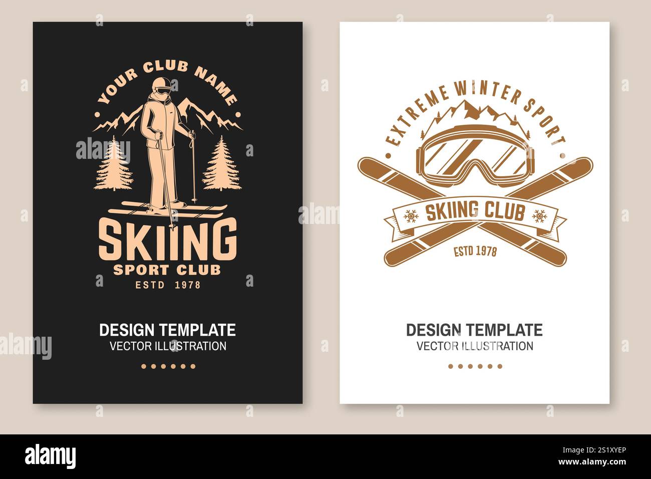 Ensemble de flyer de sport d'hiver de ski, affiche, bannière avec ski, lunettes de ski, bâtons de ski, skieur, montagne. Vacances en famille, activité ou voyage. Pour la conception du logo Illustration de Vecteur