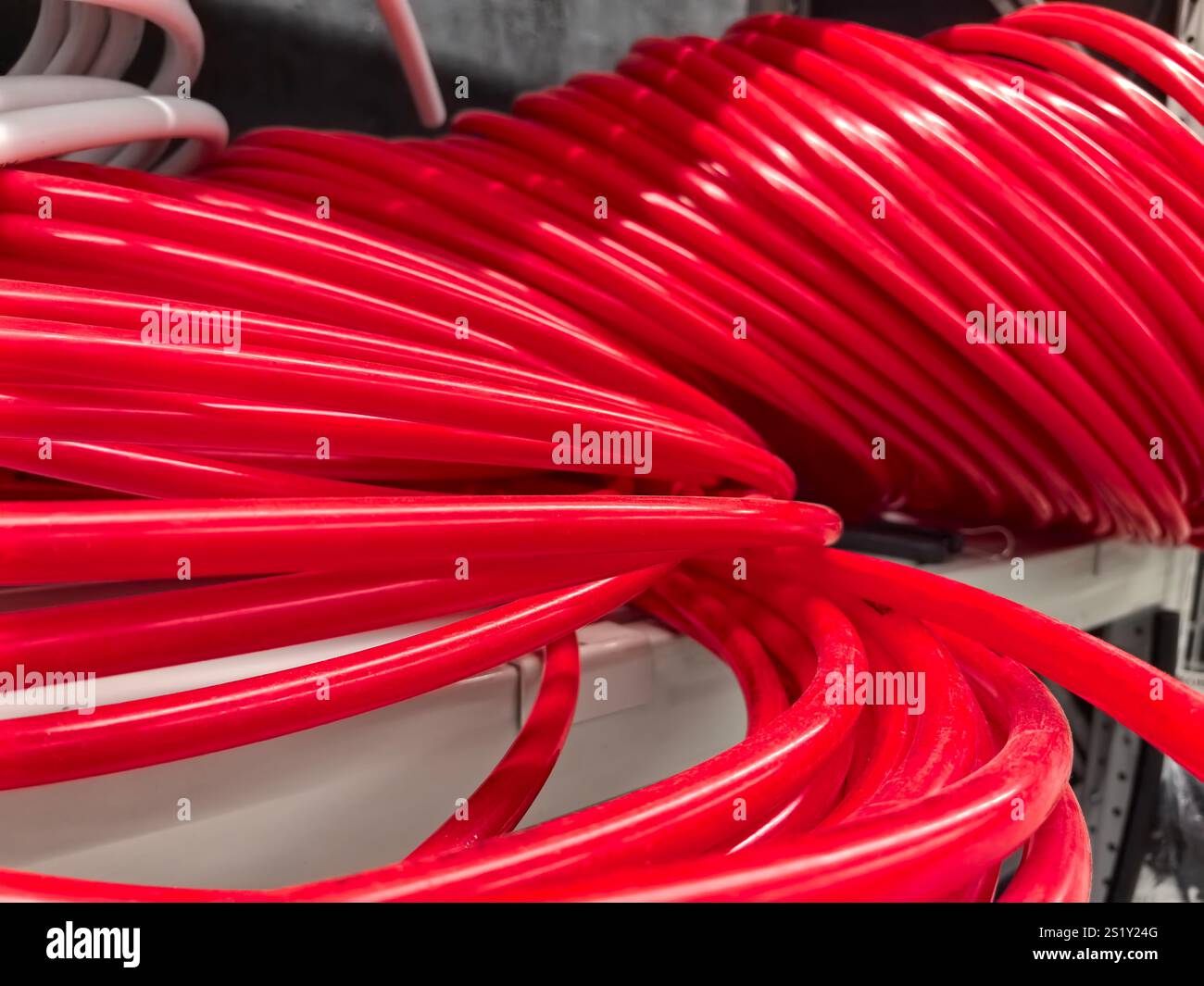 Un assortiment de câbles rouge vif est méticuleusement enroulé et organisé sur une étagère de magasin. Banque D'Images