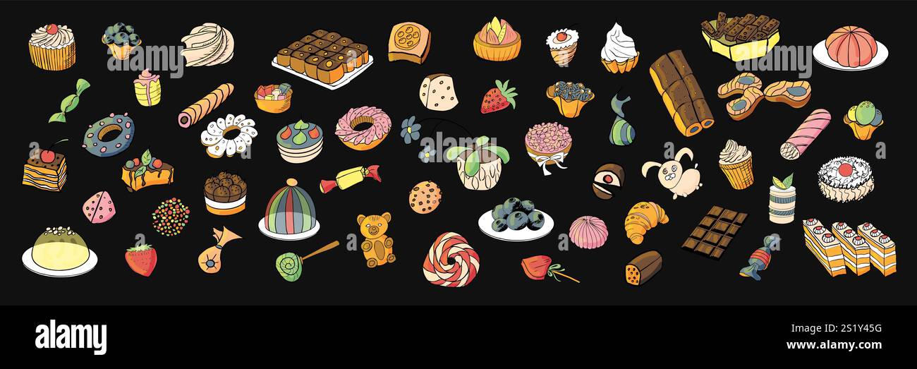 Un grand ensemble de desserts colorés. Gâteaux, bonbons, chocolat. Illustration de Vecteur