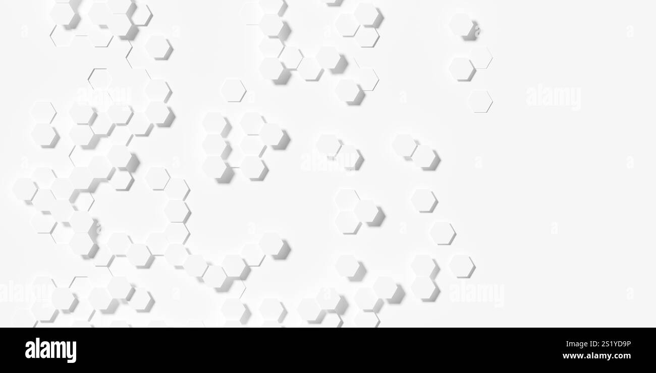 Blanc minimal moderne s'estompant au hasard en nid d'abeille hexagone modèle géométrique de fond de modèle plat de mise en plan vue de dessus, illustrati 3D. Banque D'Images