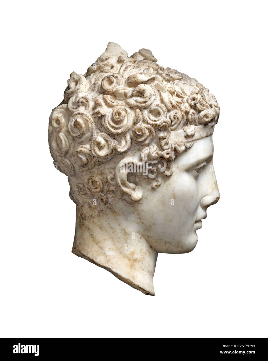Tête en marbre d'un ancien homme romain, statue de profil humain isolée sur fond blanc Banque D'Images