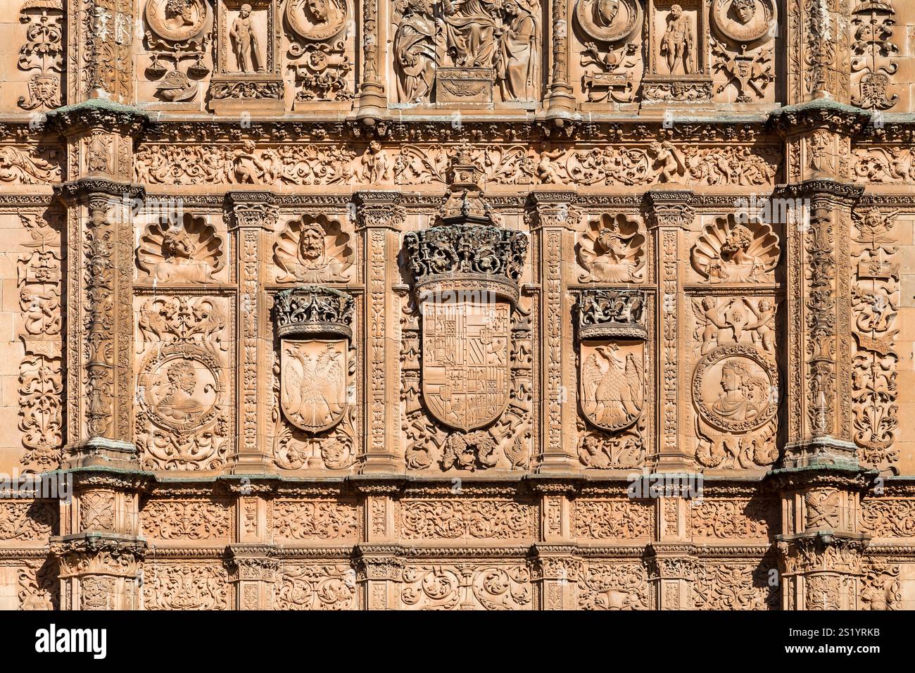 Des motifs complexes en pierre et des symboles royaux ornent l'extérieur de l'historique Universidad de Salamanca, mettant en valeur sa beauté architecturale. Banque D'Images Des motifs complexes en pierre et des symboles royaux ornent l'extérieur de l'historique Universidad de Salamanca, mettant en valeur sa beauté architecturale. Banque D'Images
