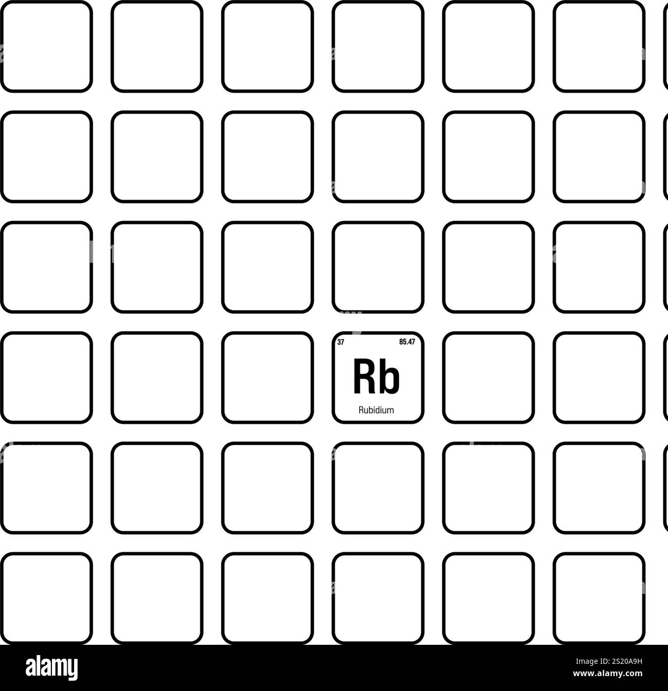 Rubidium, Rb, élément de table périodique avec nom, symbole, numéro atomique et poids. Métal alcalin à diverses utilisations industrielles, comme dans certains types de verre, et comme composant de certains types de feux d'artifice. Illustration de Vecteur