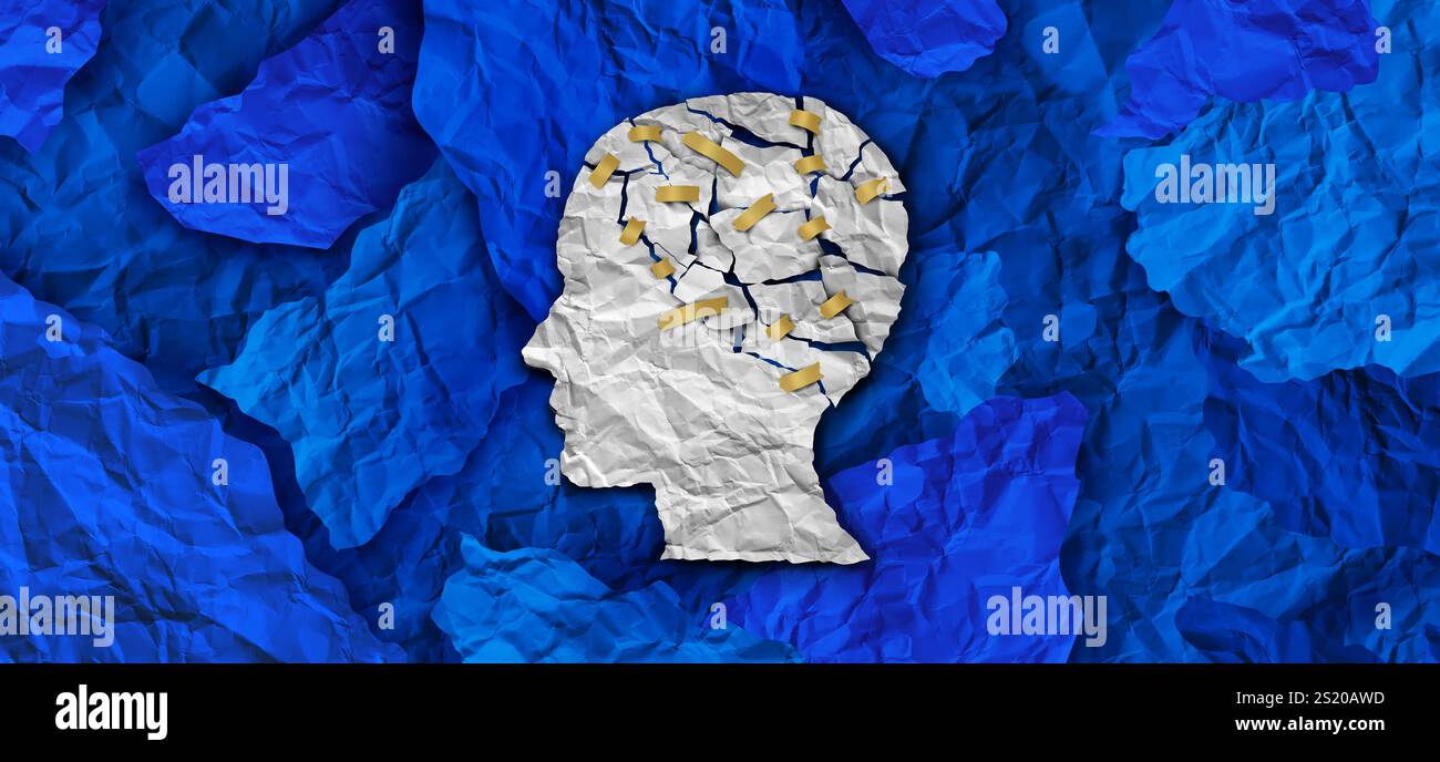 Thérapie de santé mentale et trouble cérébral ou traitement de maladie neurologique et concept de traitement de santé mentale comme une feuille de papier déchiré froissé comme un Banque D'Images