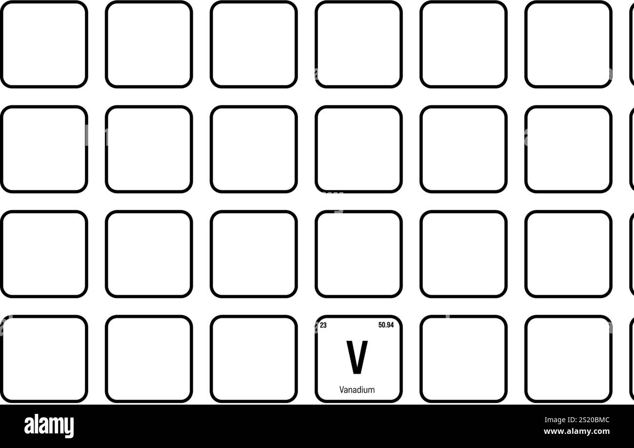 Vanadium, V, élément de table périodique avec nom, symbole, numéro atomique et poids. Métal de transition à diverses utilisations industrielles, comme dans certains types d'acier et comme catalyseur dans certaines réactions chimiques. Illustration de Vecteur