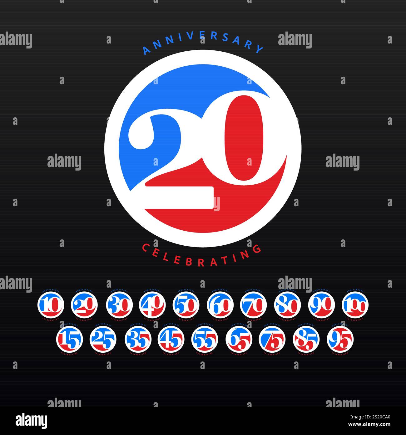 Rouge vif, bleu rond design anniversaire avec des numéros de 10 à 100, découpé dans l'espace négatif du cercle pour la marque et le design de l'événement d'anniversaire Illustration de Vecteur