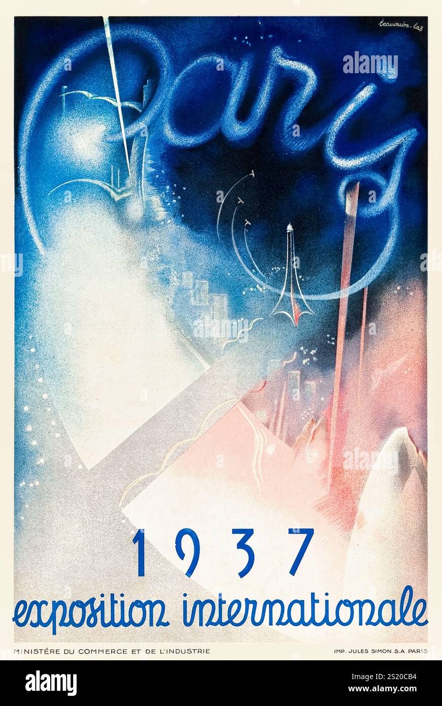 Affiche 'Paris - exposition internationale 1937' conçue par les architectes français Eugène Beaudoin (1898 - 1983) et Marcel Lods (1891 -1978) montrant la Tour Eiffel entourée de lumières avec des avions écrivant Paris est le ciel nocturne. Photographie d'une lithographie originale imprimée par Jules Simon, Paris pour le ministère français du commerce et de l'industrie. Crédit : Collection privée / AF Fotografie Banque D'Images