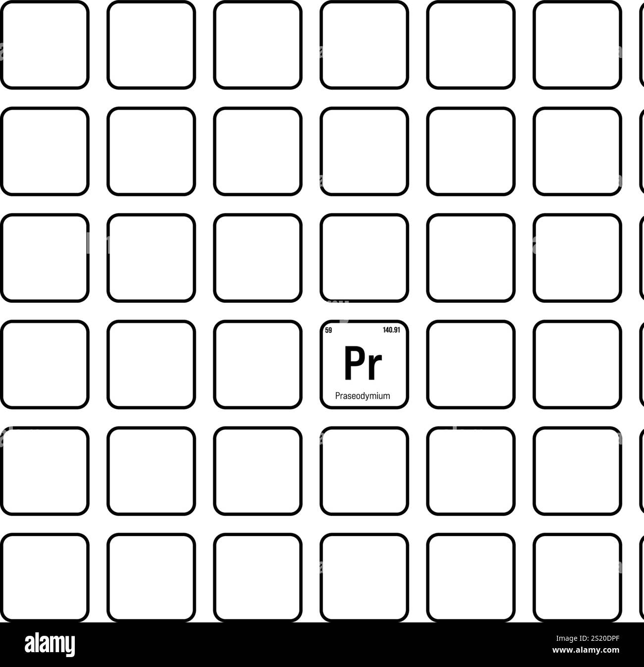 Praséodyme, Pr, élément de table périodique avec nom, symbole, numéro atomique et poids. Métal de terre rare avec diverses utilisations industrielles, comme dans les aimants, les lasers, et comme un composant dans certains types de verre. Illustration de Vecteur