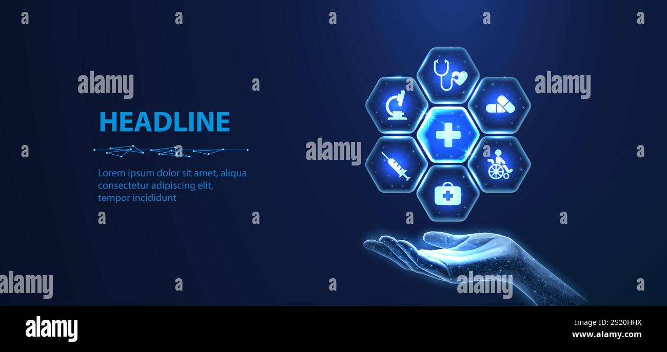 Icônes médicales à l'intérieur des hexagones autour de la croix médicale et de la main. Avion de soins de santé, technologie numérique de service aux patients, ai Integrate, futuriste Illustration de Vecteur