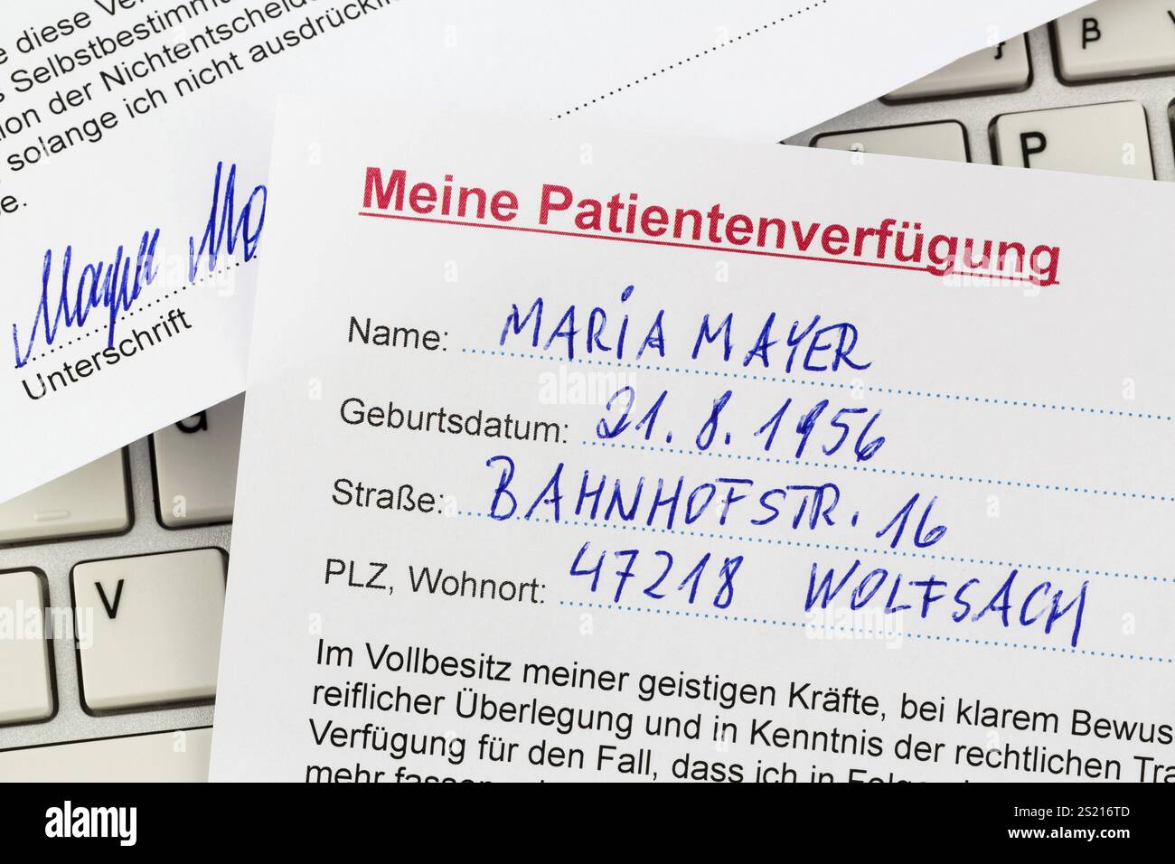 Un testament vivant en allemand. Instructions pour le médecin ou l'hôpital en cas de maladie terminale. Autriche Banque D'Images