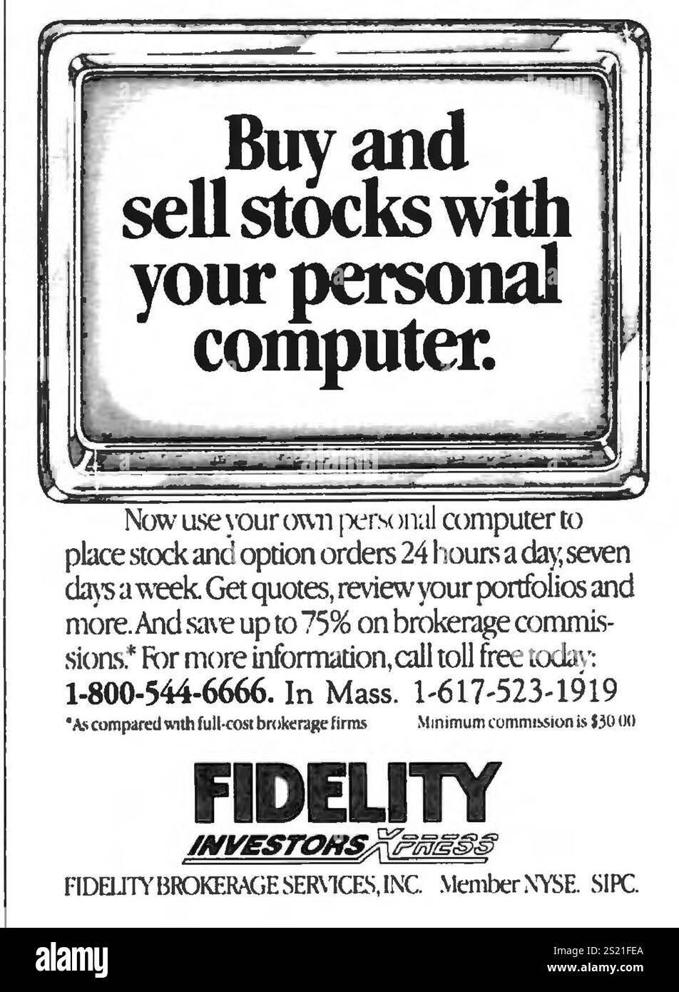 1985 Fidelity Brokerage services Inc - Investors XPress annonce - 'acheter et vendre des actions avec votre ordinateur personnel' Banque D'Images