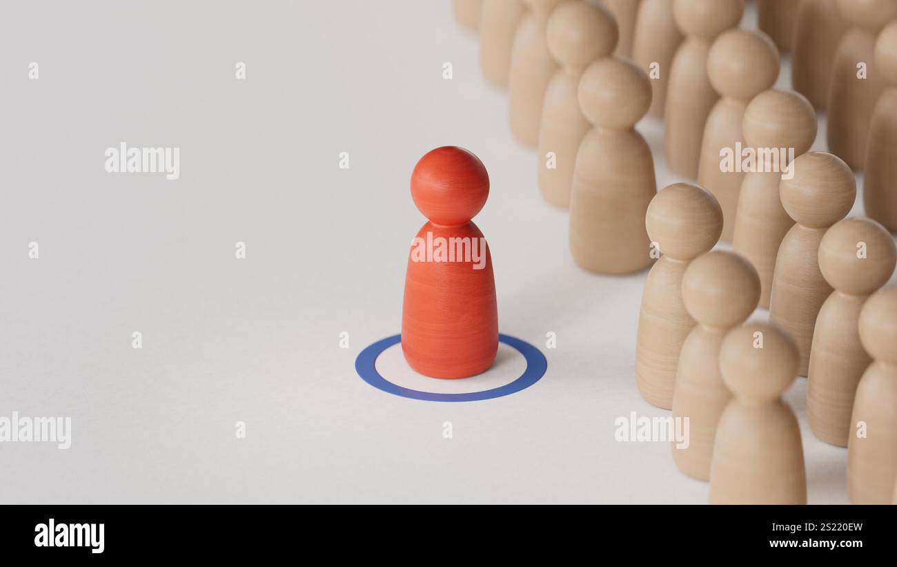 Illustration 3D de pions avec l'un d'entre eux au centre d'une cible. Talent Scouting concept.rendu 3D sur fond blanc. Banque D'Images