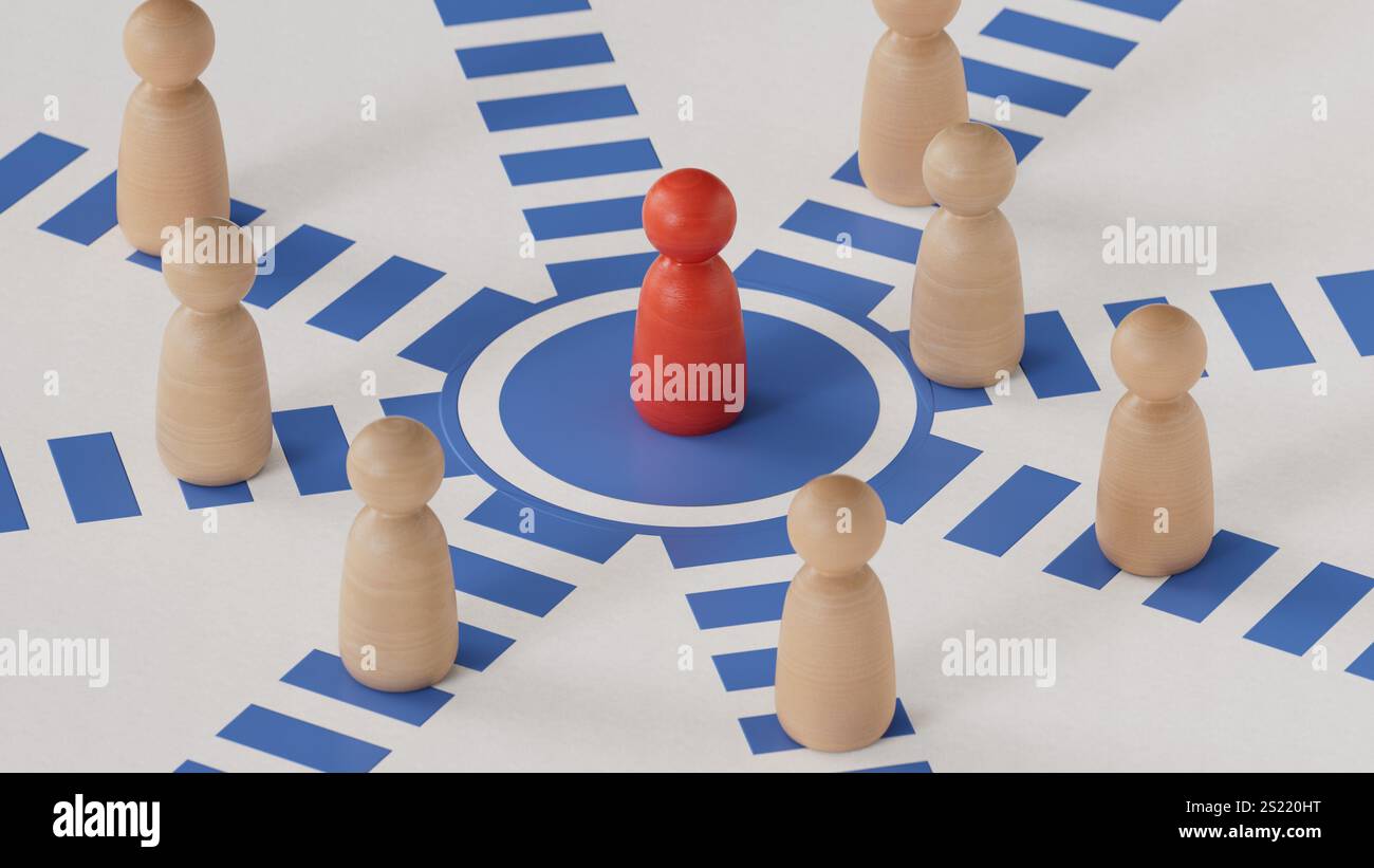 Illustration 3D de pions avec le rouge atteignant le succès. Concept de candidat à l'emploi réussi.rendu 3D sur fond blanc. Banque D'Images