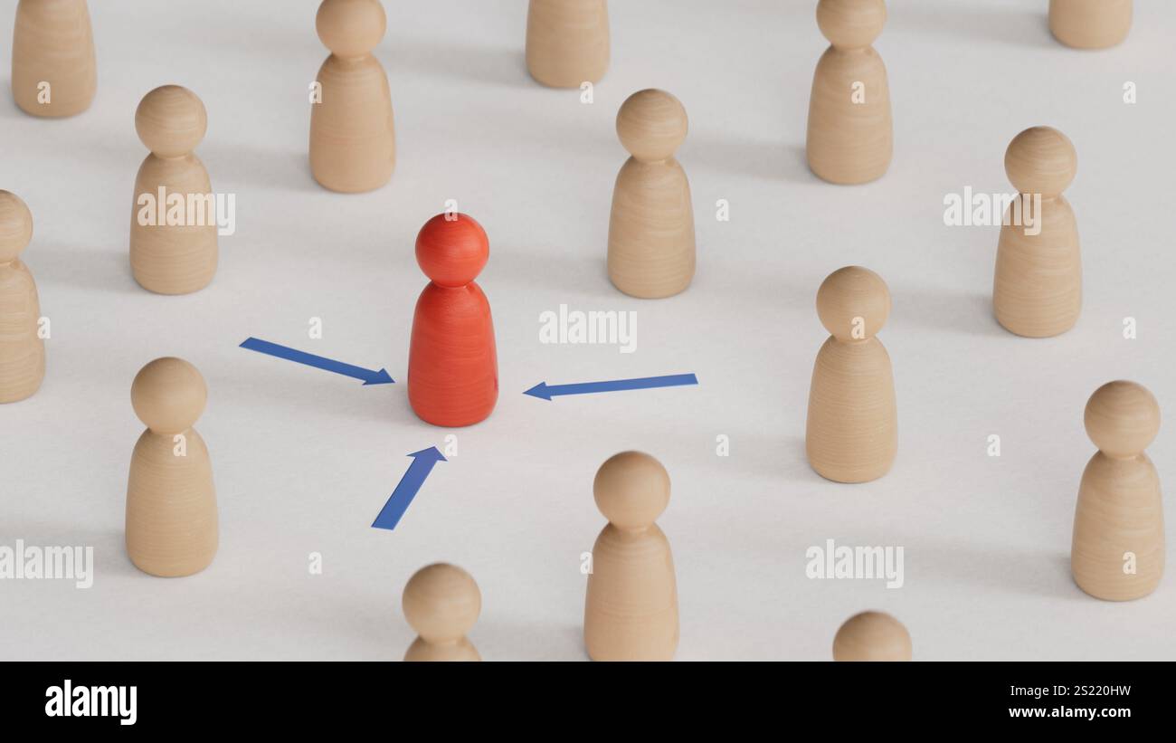 Illustration 3D de pions avec trois flèches pointant l'un d'eux. Meilleur postulant concept.3D rendu sur fond blanc. Banque D'Images