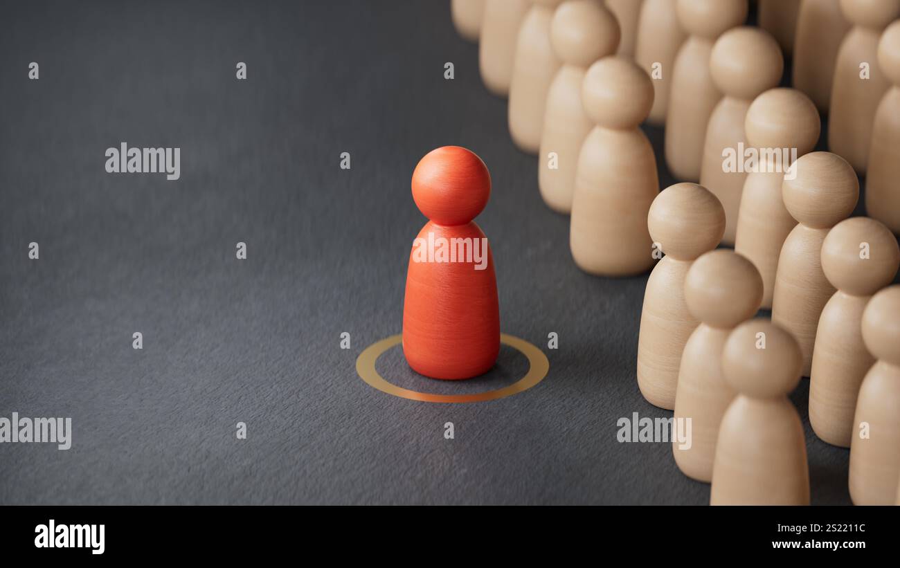 Illustration 3D de pions avec l'un d'entre eux au centre d'une cible. Talent Scouting concept.rendu 3D sur fond noir. Banque D'Images