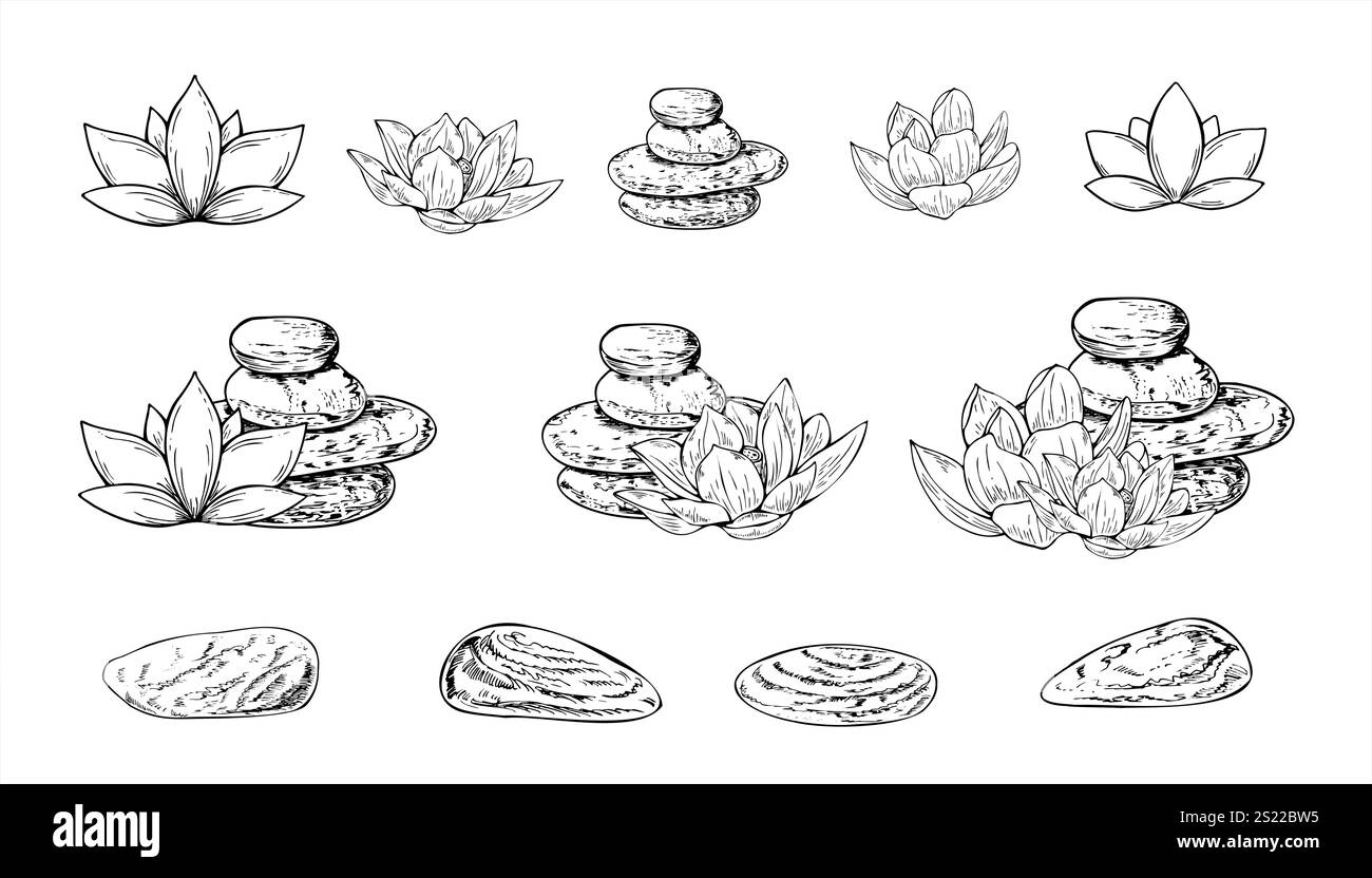 Pyramide de pierres de mer de différentes tailles et floraison lotus vecteur dessin à la main clip d'illustration Jeu de dessin de gravure de galets et de fleurs. Illustration de Vecteur