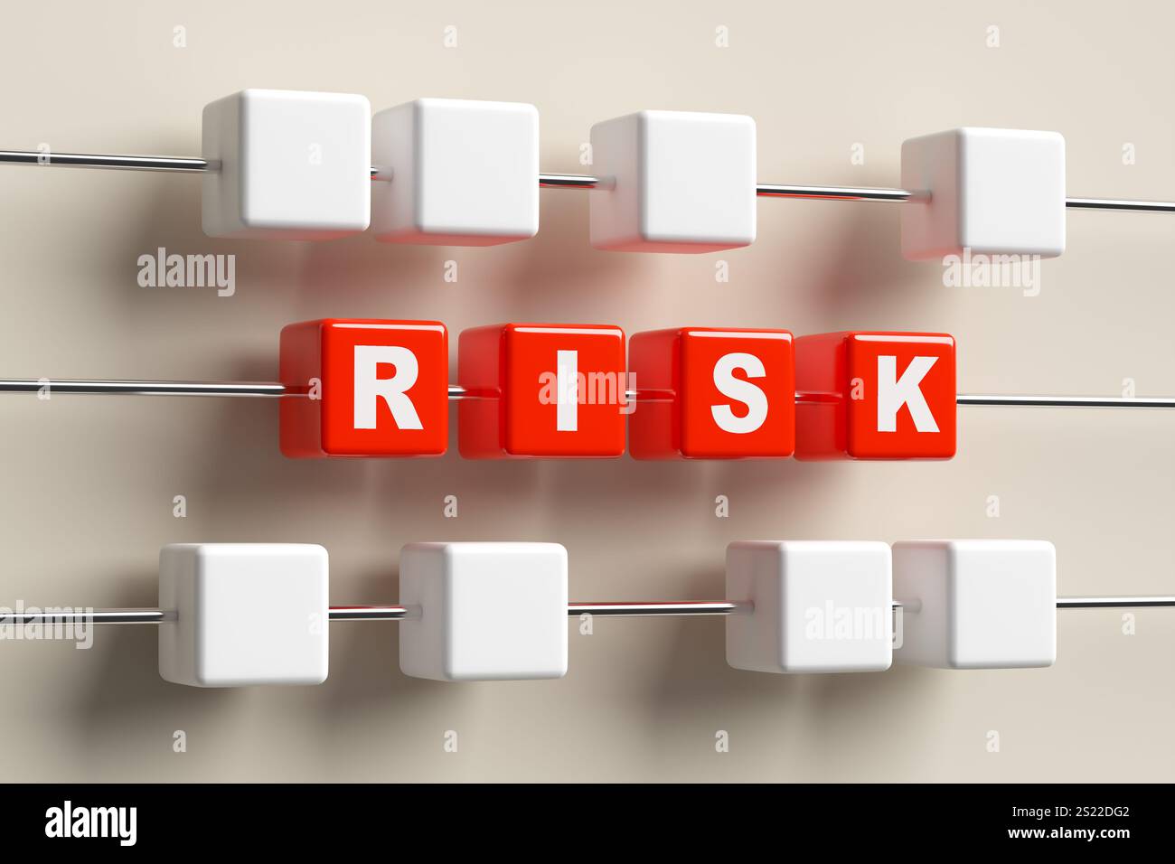 Concepts de prise de risque, de calcul ou d'analyse. illustration 3d du mot risque écrit en cubes rouges sur des tiges métalliques. rendu 3d. Banque D'Images