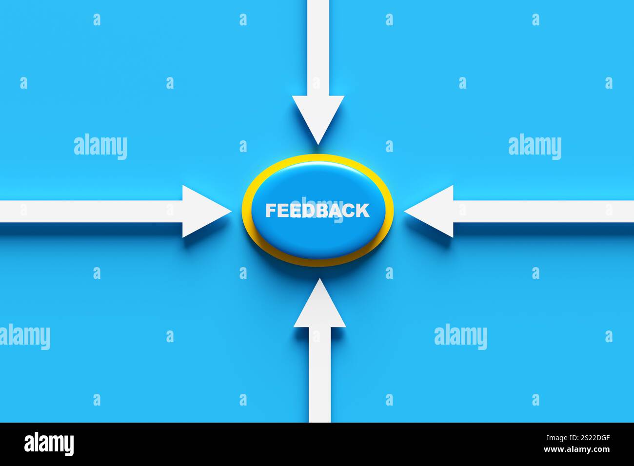 Concept de feedback client, client ou utilisateur. Bouton bleu avec texte de retour entouré de flèches blanches pointant vers lui sur fond bleu. rendu 3d. Banque D'Images