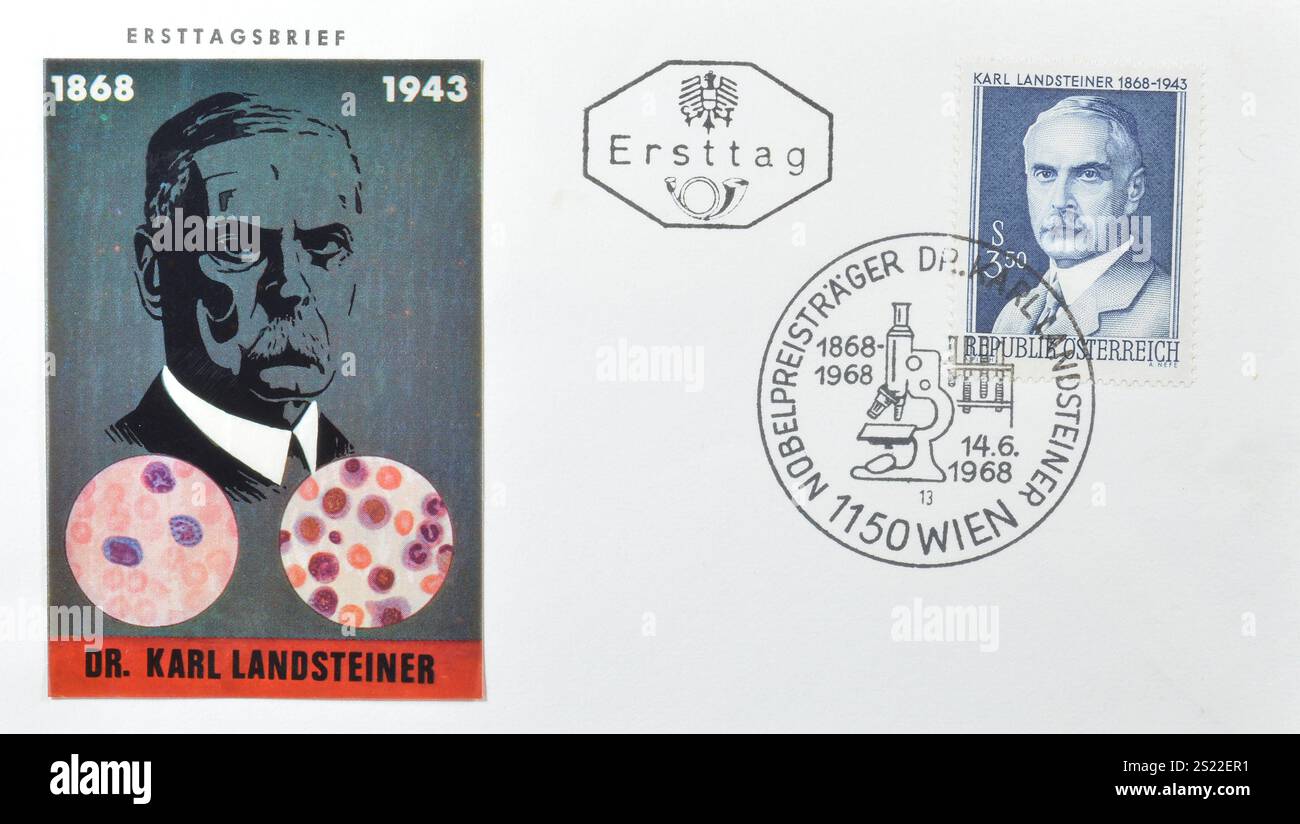 Lettre de couverture du premier jour imprimée par l'Autriche, avec timbre-poste oblitéré qui montre le portrait de Karl Landsteiner, centenaire de la naissance, vers 1968. Banque D'Images
