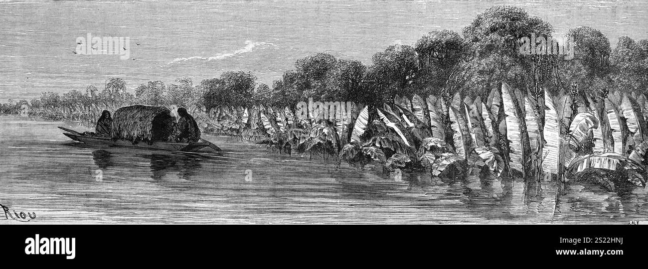 Shipibo-Conibo famille voyageant en canoë le long de la rivière Ucayali. Les Shipibo-Conibo sont un peuple indigène du Pérou vivant le long de la rivière Ucayali dans la forêt amazonienne du Pérou en Amérique du Sud. Illustration vintage ou historique ou gravure 1864 Banque D'Images