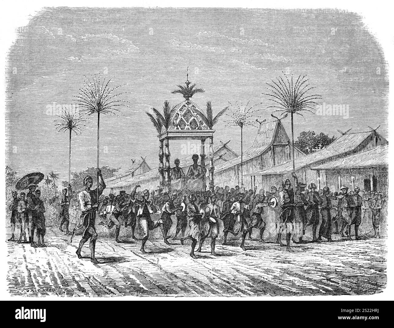 Mariée javanaise ou indonésienne portée dans un Palanqin élaboré ou chaise de berline pendant le mariage ou la cérémonie de mariage et Festival Java Indonesia. Gravure vintage ou historique ou illustration 1864 Banque D'Images